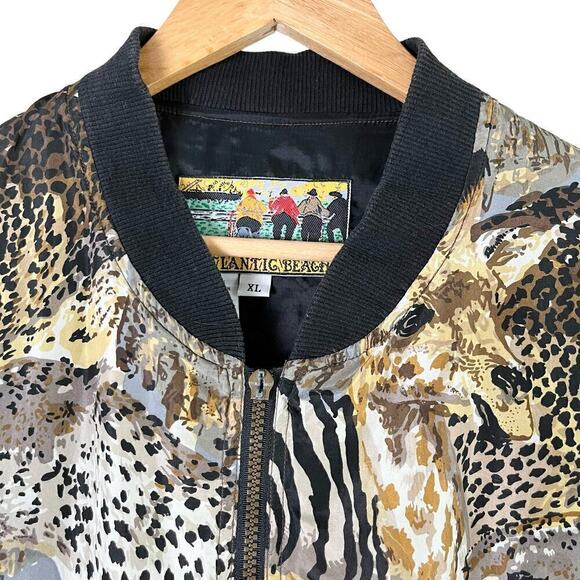 Vintage 80s Atlantic Beach 100% Silk Safari Animal Lightweight Bomber Jacket, XL - Picture 2 of 15